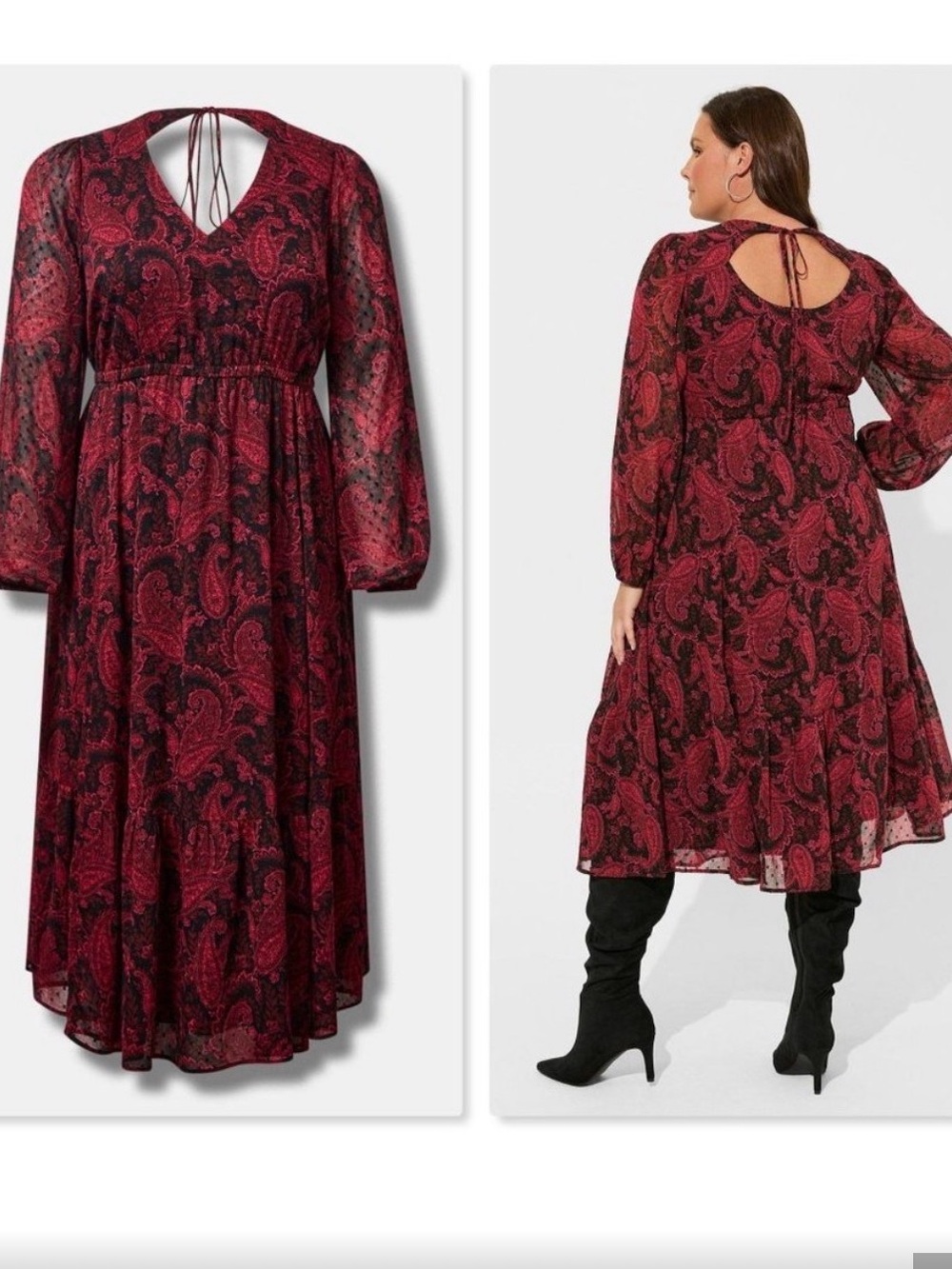 Paisley Tie-Back Midi Dress in Burgundy and Black